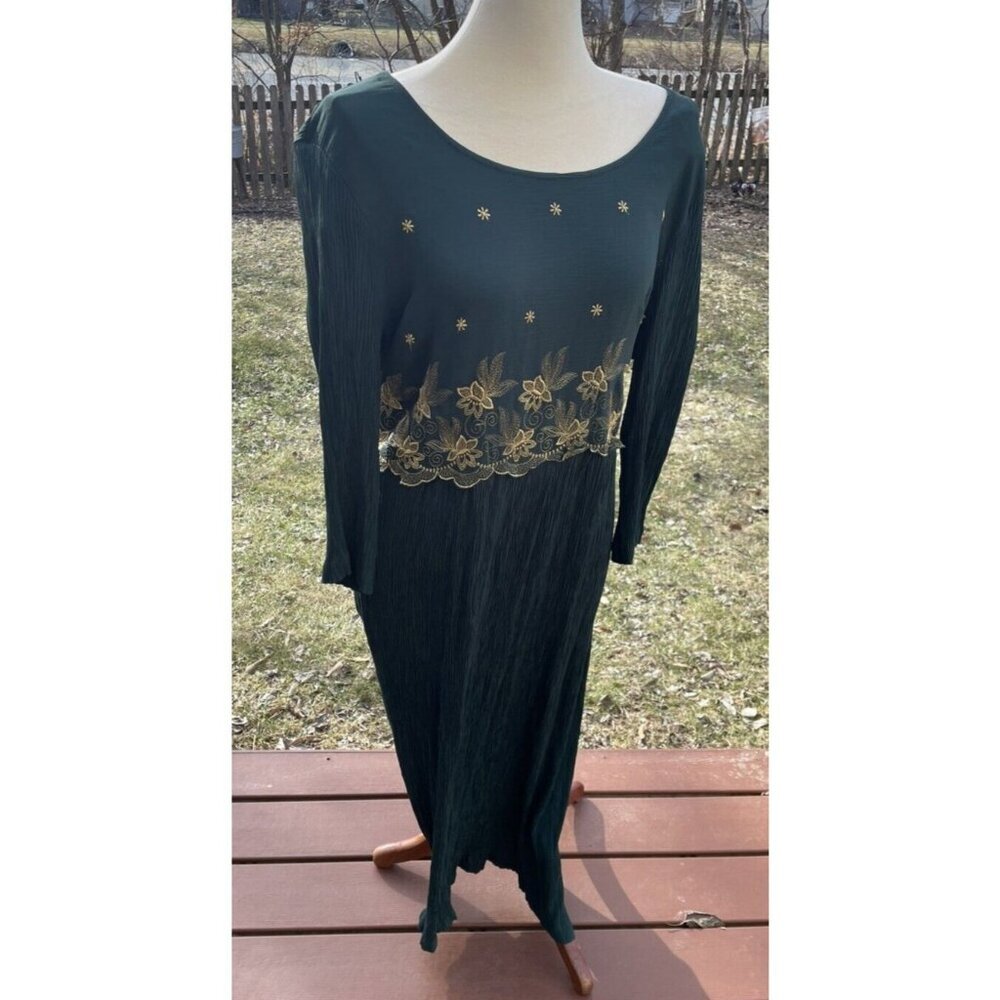 Vintage Another Thyme Green Maxi Dress W/ Gold Embroidery Modest  L